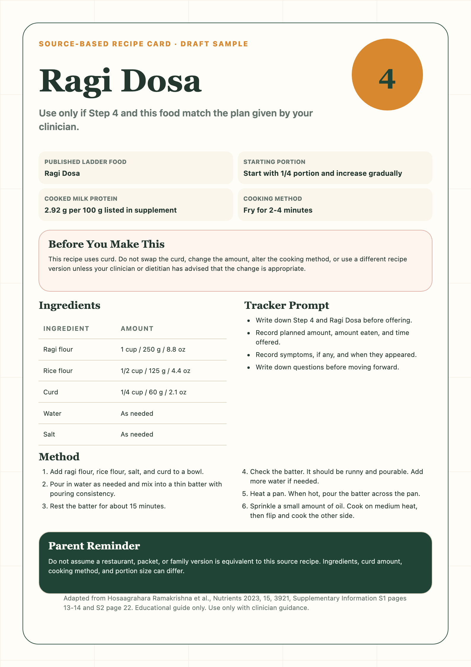 Preview of a Ragi Dosa recipe card from the Indian Milk Ladder Starter Kit