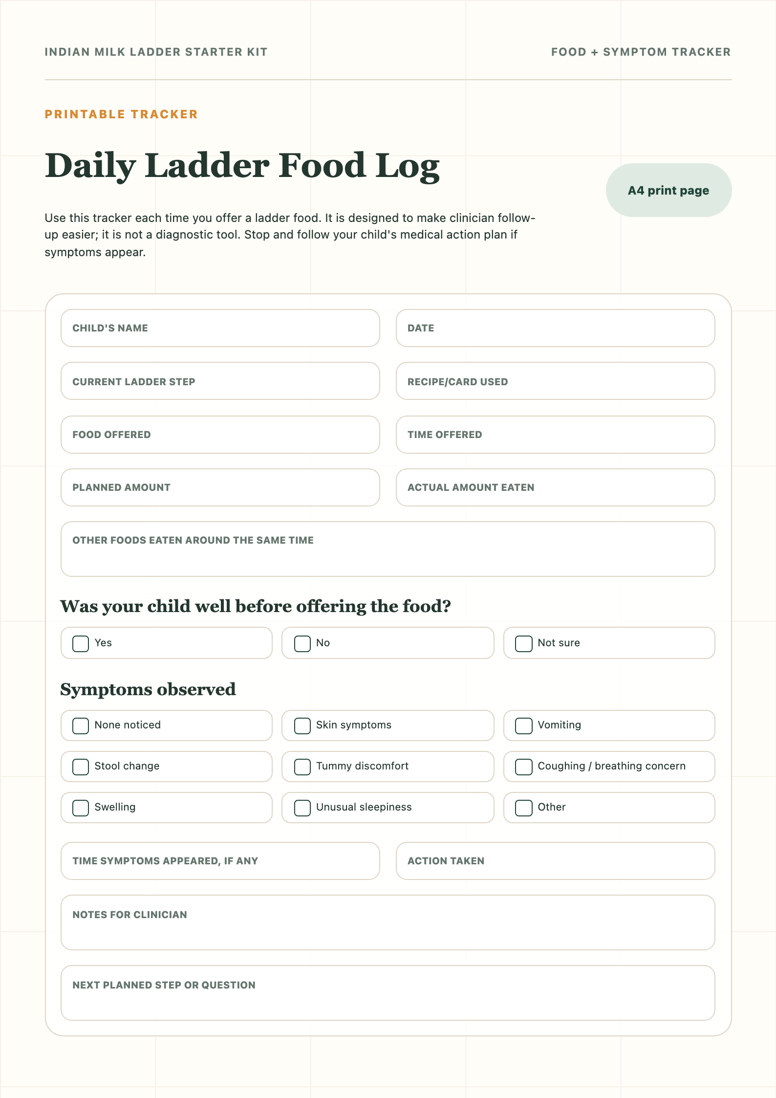 Preview of a printable food and symptom tracker from the Indian Milk Ladder Starter Kit